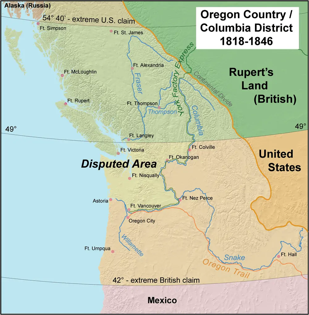 Oregon Country and the border dispute between the U.S. and Britain, 1818-1846.