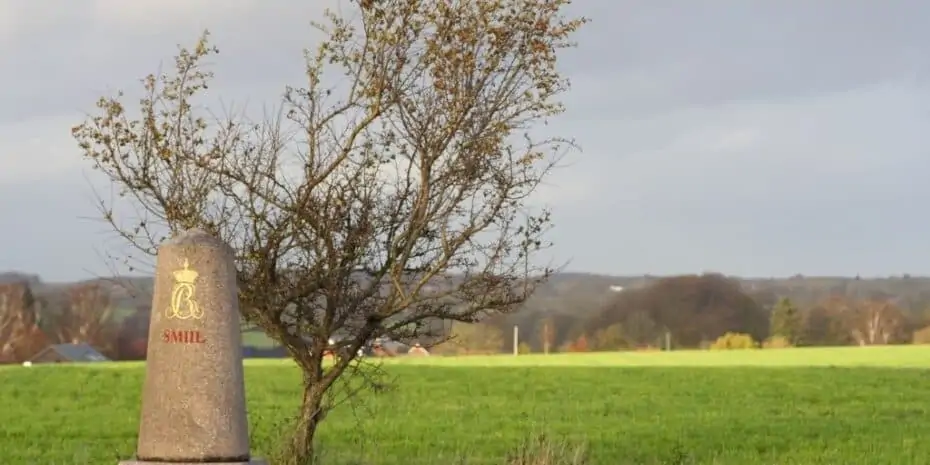 milestone with tree landmark in front of field