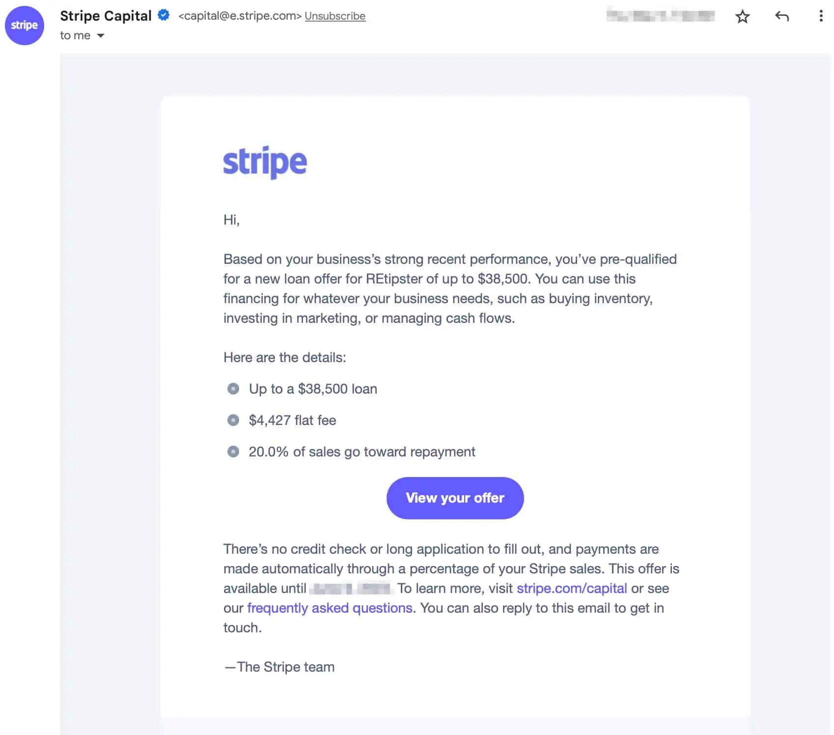 Stripe Capital Email