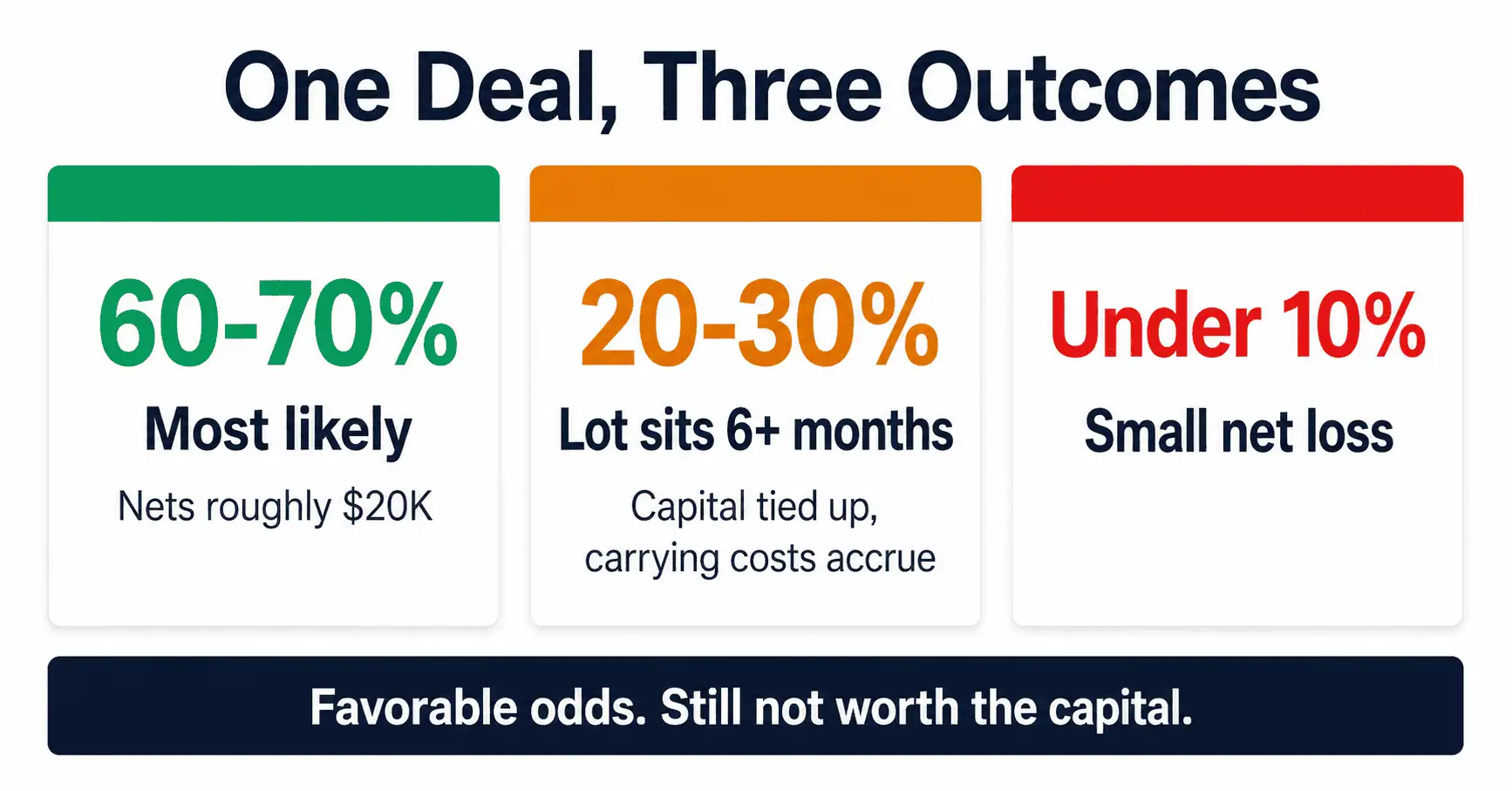 One deal, three outcomes: a 60 to 70% chance of netting roughly $20K, a 20 to 30% chance the lot sits six or more months with carrying costs, and an under 10% chance of a small net loss